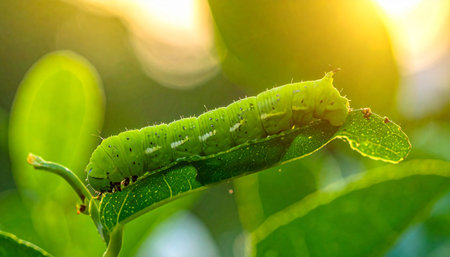 Caterpillar of butterfly on green leaf in nature or in the gardenの素材