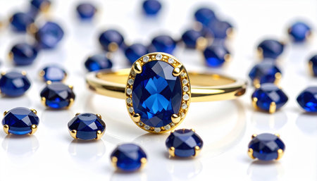 Jewelry ring with blue sapphire on a white backgroundの素材