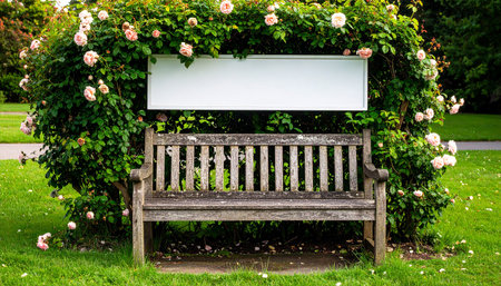 Wooden bench in the park with flowers and white signboard.の素材