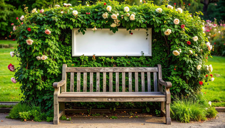 Wooden bench in the park with a white board and flowers.の素材
