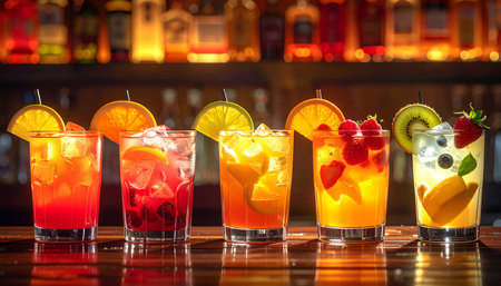 Alcoholic cocktails with fruits on a bar counter in a nightclubの素材