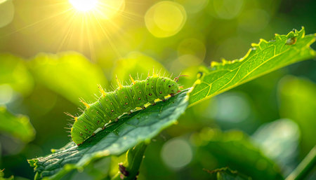 Green worm on green leaf with sunlight. Close up of caterpillarの素材