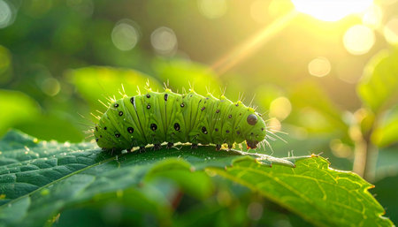 Caterpillar of the butterfly on a green leaf with sunlight.の素材