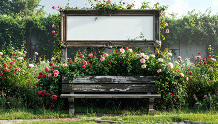 Old wooden bench in the garden with white and red rose flowers, vintage styleの素材
