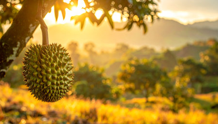 Durian fruit on the tree in the garden with sunset background.の素材