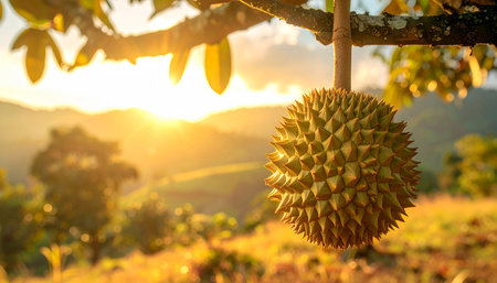 Durian fruit on tree with sunlight in the morning, Thailand.の素材