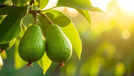 Ripe green pears growing on a tree in the garden.の素材