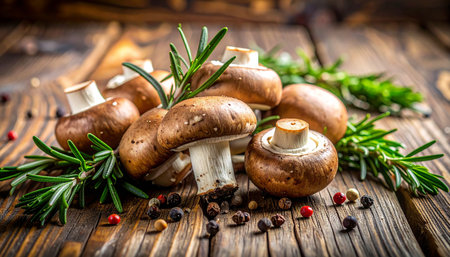 Champignon mushrooms with rosemary and peppercorns on wooden backgroundの素材