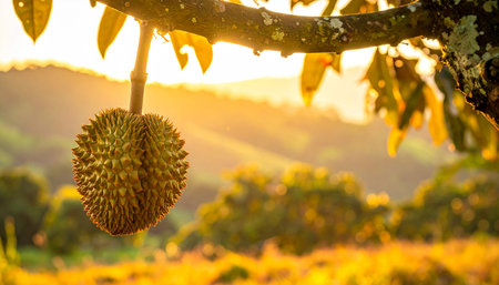 Durian fruit on the tree in morning light. Durian is a king of fruit.の素材
