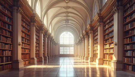 Old library interior with bookshelves and arches, 3d renderの素材