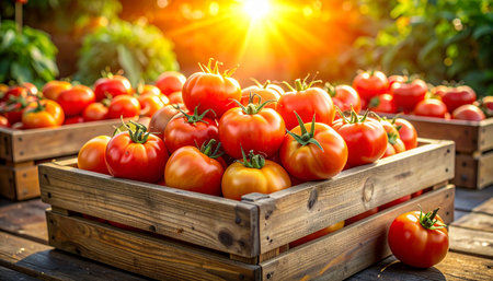 Ripe tomatoes in a wooden box on a table in the gardenの素材