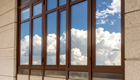 View of a window in a modern building with blue sky and cloudsの素材