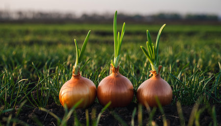 Onion bulbs growing on the field in the early spring. Close-upの素材
