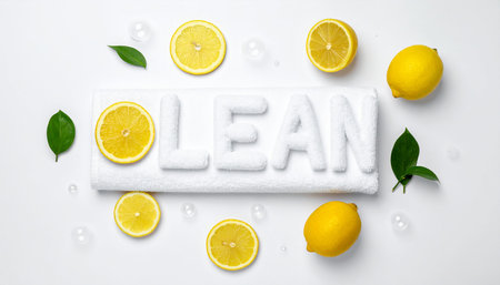 Lemon with towel and lemon slices on white background, top viewの素材
