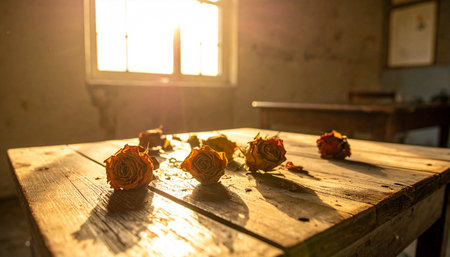 Dried roses on a wooden table in a church. Selective focus.の素材