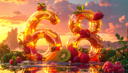 Number 68 made of fruits and berries on the background of the sunsetの素材