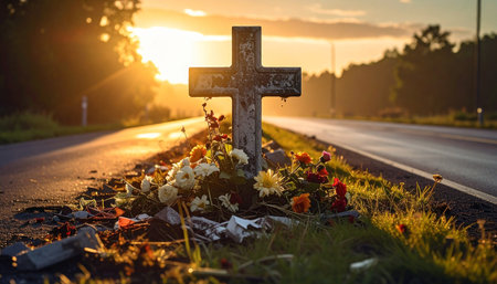 Cross on the grave at the cemetery at sunset. Concept of funeral and burialの素材