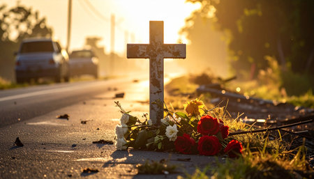 Cross and flowers on the road at sunset. Concept of funeral.の素材