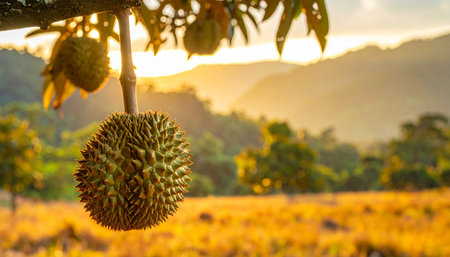 Durian fruit on the tree in the farm with sunset background.の素材