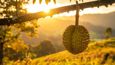 Durian fruit on the tree in the morning at Doi Mae Salong, Chiang Rai, Thailandの素材