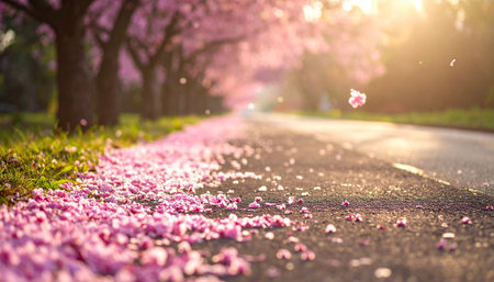 cherry blossom tree on the road in spring. soft focusの素材