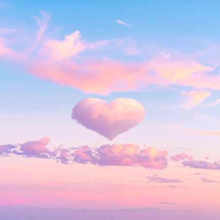 A single heart shaped cloud is suspended above pastel pink clouds at dawn. Clear details and vibrant colors e...の素材