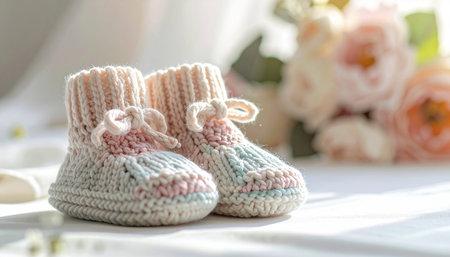 Knitted baby booties in pastel colors with a soft floral background Clear details and vibrant colors enhance ...の素材