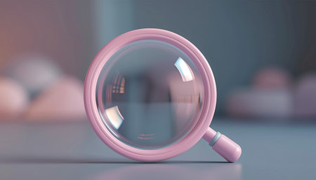 A pink magnifying glass with a reflective lens is positioned on a light blue surface.の素材