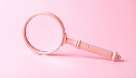 A decorative pink magnifying glass with floral details on its handle rests on a pink surface.の素材