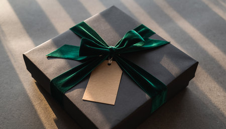 A dark grey gift box is tied with an emerald green velvet ribbon and a blank gift tag.の素材