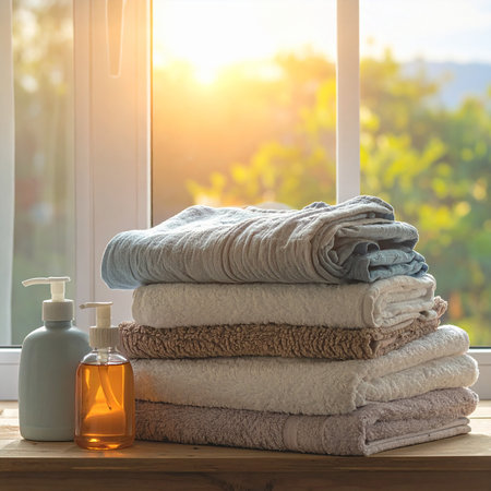 A pile of folded towels and two liquid soap dispensers are placed on a wooden surface near a sunlit window.の素材