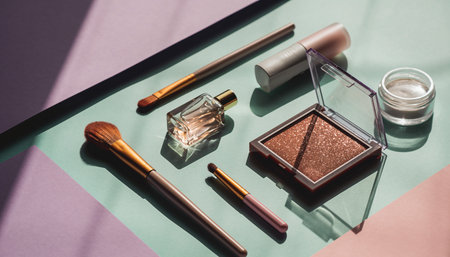 Makeup brushes, perfume bottle, eyeshadow, and powder on a pastel background. Clear details and vibrant color...の素材