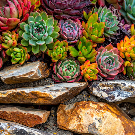 Colorful succulents growing in a garden bed with textured rocks Clear details and vibrant colors enhance visu...の素材