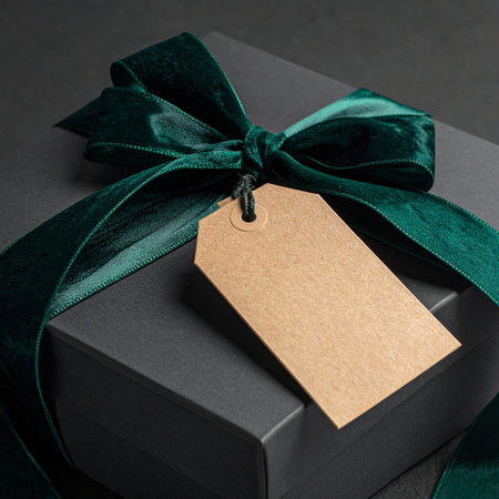 A black gift box is tied with a rich emerald green velvet ribbon and a blank kraft tag.の素材