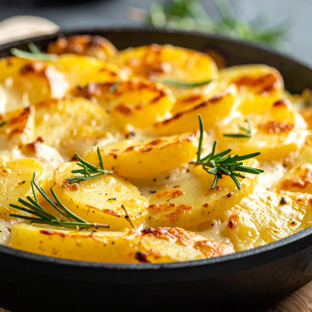 Sliced potatoes baked with cheese and rosemary in a black cast iron pan Clear details and vibrant colors enha...の素材