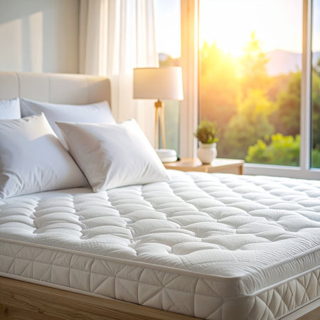 A white mattress and pillows on a bed with sunlight streaming through a window. Clear details and vibrant col...の素材