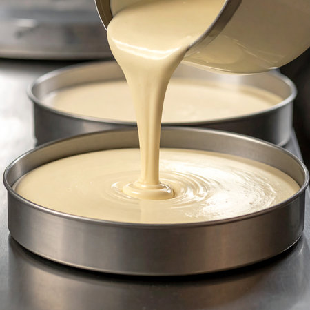 Thick creamy batter is poured from a metal pitcher into round baking pans. Clear details and vibrant colors e...の素材