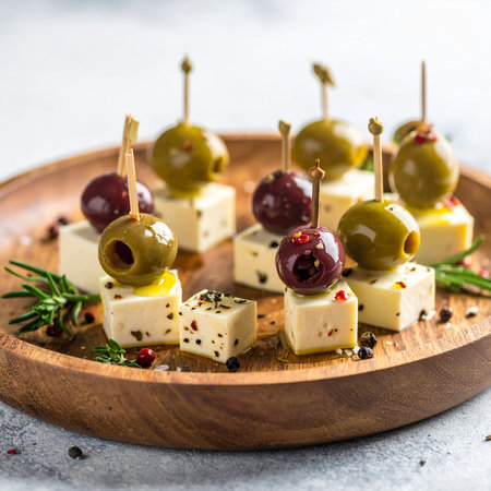 Close-up of feta cheese and olive appetizer skewers on a wooden board with herbs.の素材