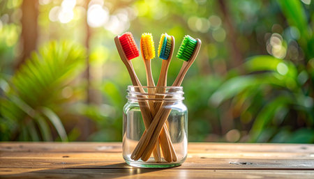 Colorful bamboo toothbrushes in a glass jar on a wooden table with a blurred nature backgroundの素材