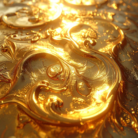 Close-up of an ornate golden surface with swirling patterns and sparkling light reflections.の素材