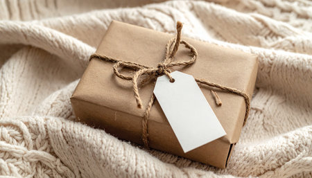 A cozy gift box wrapped in kraft paper with twine and a blank tag lies on knitted fabric.の素材