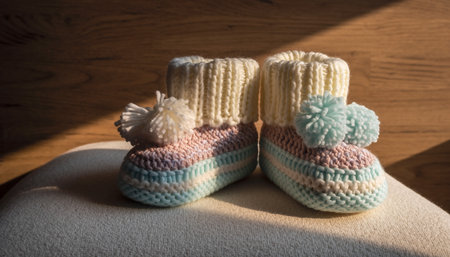 Soft knitted baby booties with pom-poms in pastel colors. Clear details and vibrant colors enhance visual app...の素材