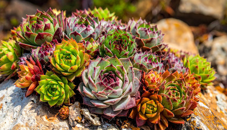 A close-up of a cluster of colorful succulent plants with green and red leaves growing on rocks.の素材