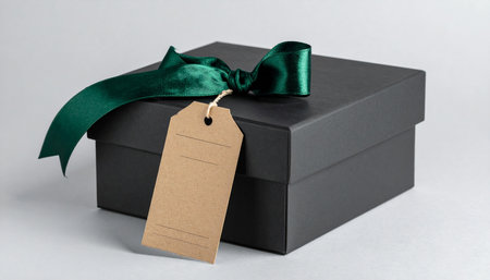 A closed black gift box with an emerald green satin ribbon and bow, and a kraft paper tag.の素材