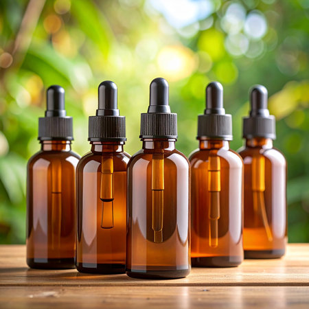 A row of amber glass dropper bottles with blank labels rests on a wooden surface.の素材