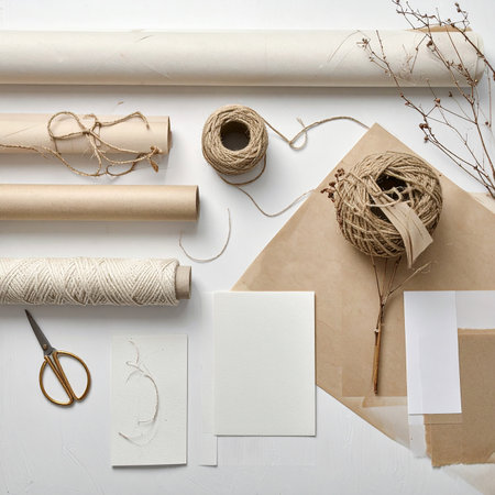 A flat lay of crafting supplies including rolls of paper, twine, scissors, and blank cards on a white surface.の素材