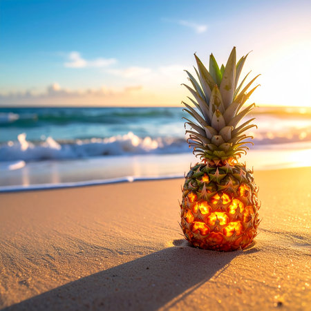 A pineapple glows with internal light on a sandy beach at sunset with ocean waves.の素材