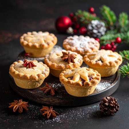 A group of Christmas mince pies with star toppings and star anise scattered on a wooden board.の素材