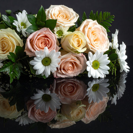 A bouquet of roses and daisies with a dark reflection, featuring various colors. Clear details and vibrant co...の素材