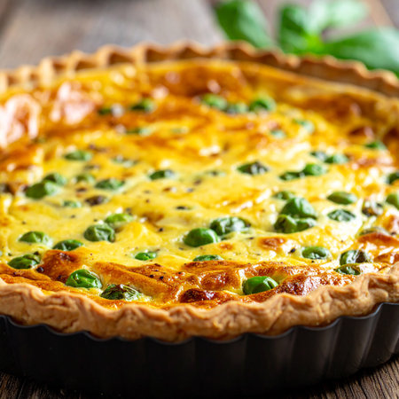 A golden brown quiche with peas and cheese filling in a fluted tart pan. Clear details and vibrant colors enh...の素材
